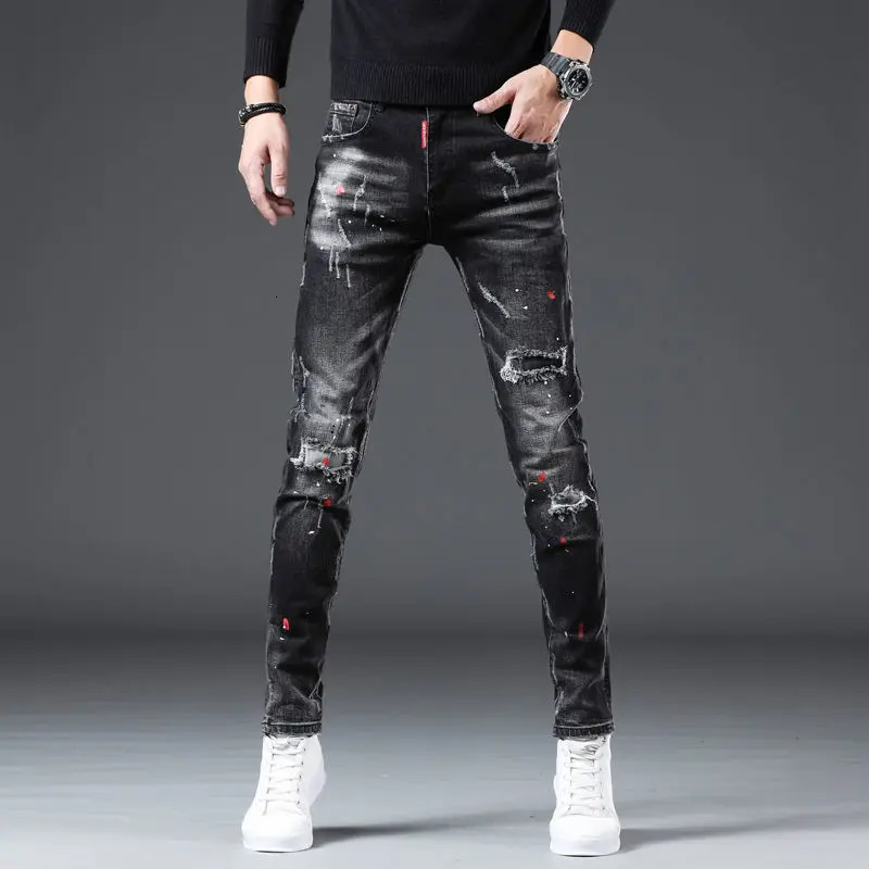 High quality mens slim fit elastic black ripped jeans colorful ink splash decoration fashionable casual pants fashionable and sexy street jeans;2408