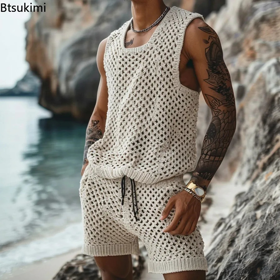 2024 Mens Summer Casual Knitted Two Piece Fashion Solid Loose Tank Top and Shorts Beach Sportswear Hollow Street Clothing 240806