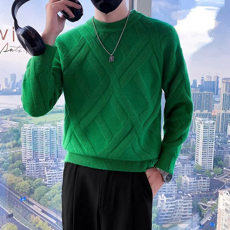 Mens Solid Color Knitted Sweater Argyle Green Hoodless Flat Bottom Pullover Korean Fashion 2024 Trend Sales 240806