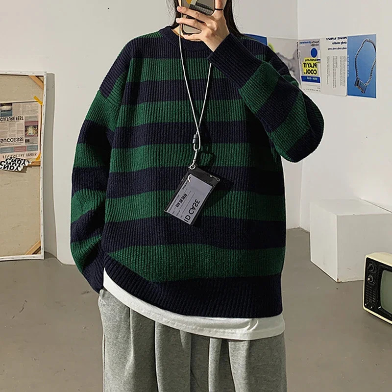 Spring autumn striped sweater mens streetwear Pulleys Tate Landon green 240806