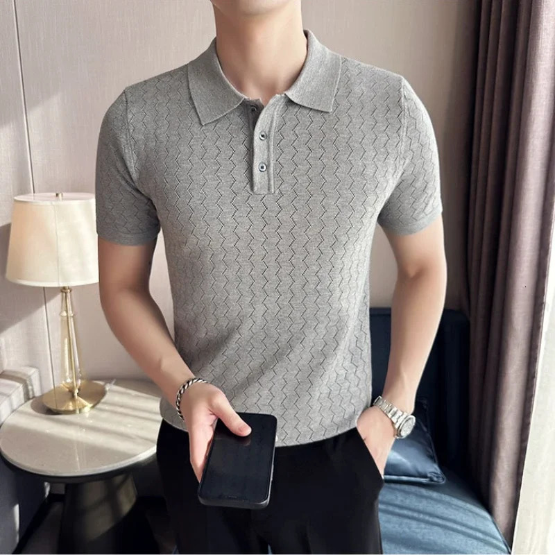 Ice silk wave striped knitted lapel short sleeved mens Tshirt ultrathin hole polo shirt gray golf 240806