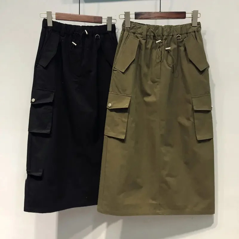 Full Length Skirt Black Elastic Waist Y2k Skirts Cargo Skirts for Women Spring Summer Drawstring s Long Skirt 240806