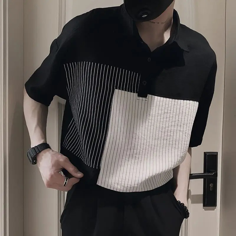 Fashion Lapel Button Spliced Asymmetrical Striped Polo Shirts Mens Clothing Spring Loose Korean Tops Casual Tee Shirt 240806