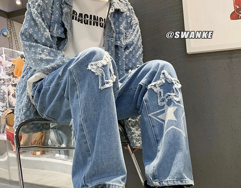 Mode à cinq points de jeans étoiles hommes Highwaist Vintage Streetwear Pant Baggy Casual Wideleg Solid Solid Sweard pantalon 240815