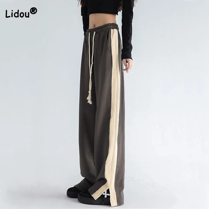 Streetwear Fashion Female High Waist Wide Leg Split Sports Pants Vintage Patchwork Solid Color Drawstring Floor Length Trousers 240806