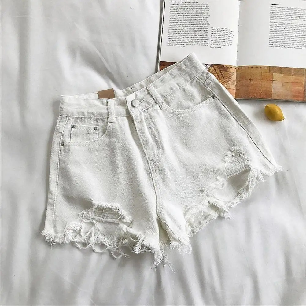 Summer womens denim shorts high waist Aline solid color tear button zipper clre retro pocket slim fit suitable for knee length 240805