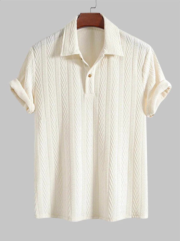 2024 Mens Solid Color Jacquard Texture Polo Neck Half Button Short Sleeve Basic Top Tshirt 240805Z