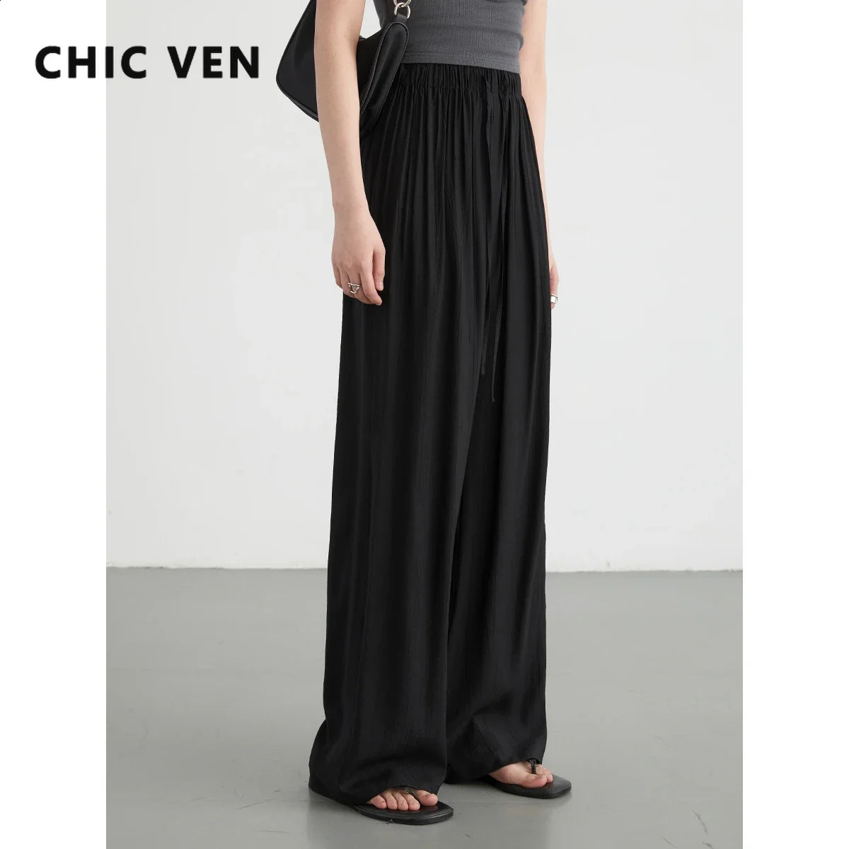 CHIC VEN Women Pants Casual High Waisted Wide Leg Solid Trousers Korean Straight Fashion Streetwear Summer 240806