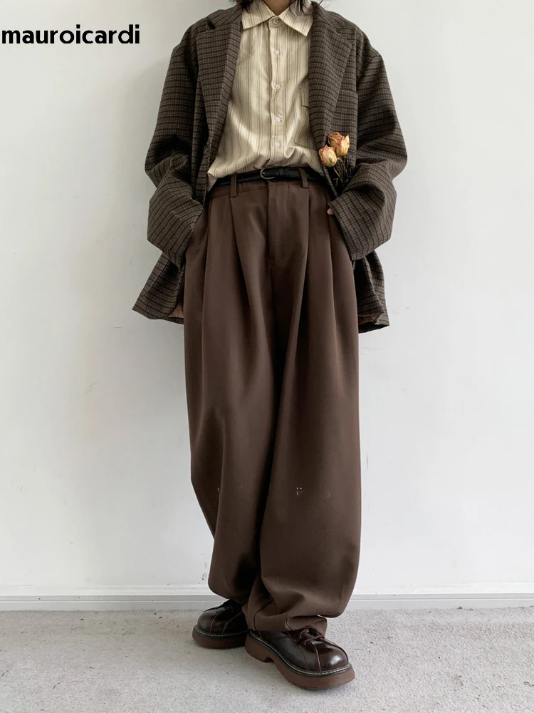 Mauroicardi Spring Coffee Flowy Baggy Wide Leg Pants for Mens Streetwear Unisex Clothing Fashion Loose Casual Soft Trousers 240807
