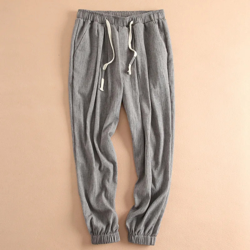 Summer pleated linen bag lightweight pants mens casual loose plus size gray cut elastic sports jogging boys Trouser 240807
