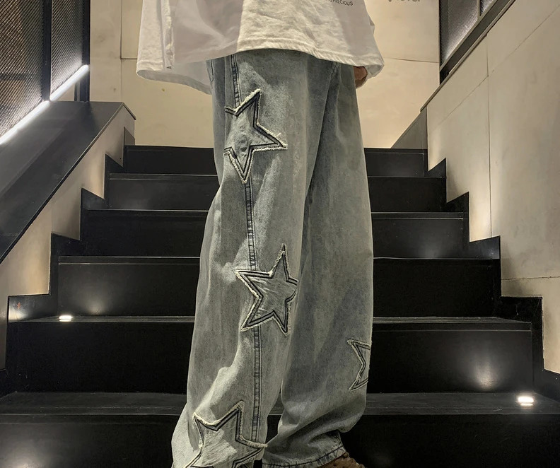 fashion five point star jeans mens high waisted retro street clothing mens pants pockets winter wide leg jeans denim mens clothing240807