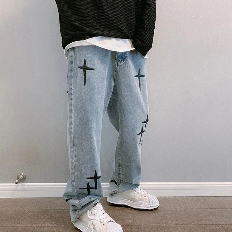 Sac à hommes Jeans Streetwear de mode coréen 2024 Vêtements décontractés de printemps / été pantalons denim de jambe large pour hommes pantalons
