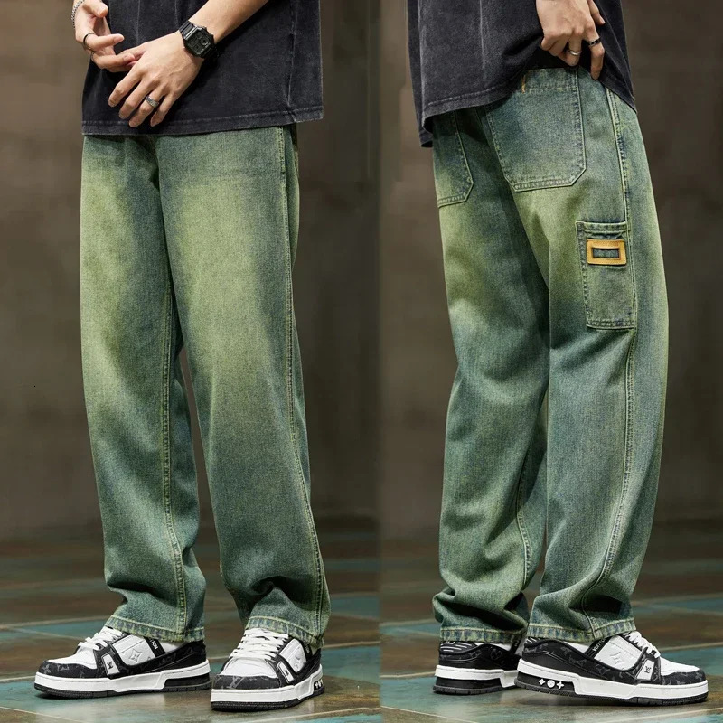 Wide Leg Jeans Men Baggy Pants Summer Straight Cut Loose Retro Blue Denim Pants Streetwear Fashion Pockets Vintage Man Clothes 240806