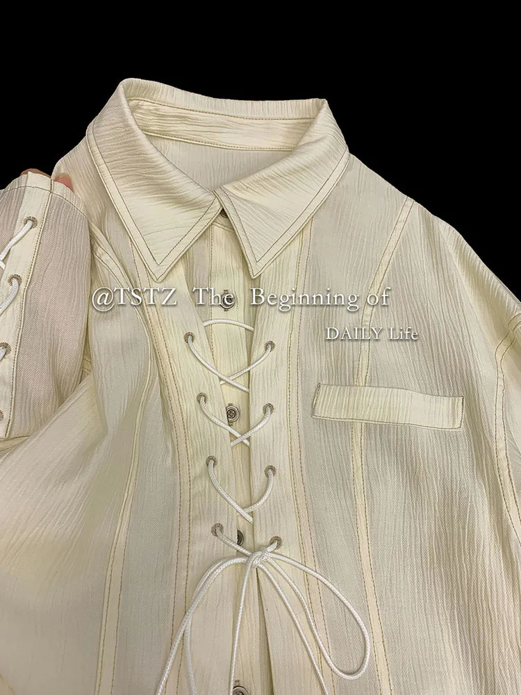 Women Lapel Long Sleeve Blouses Vintage 2000s Aesthetic Tie Up Shirt Oversize Harajuku Y2k Streetwear Korean Fashion 240807