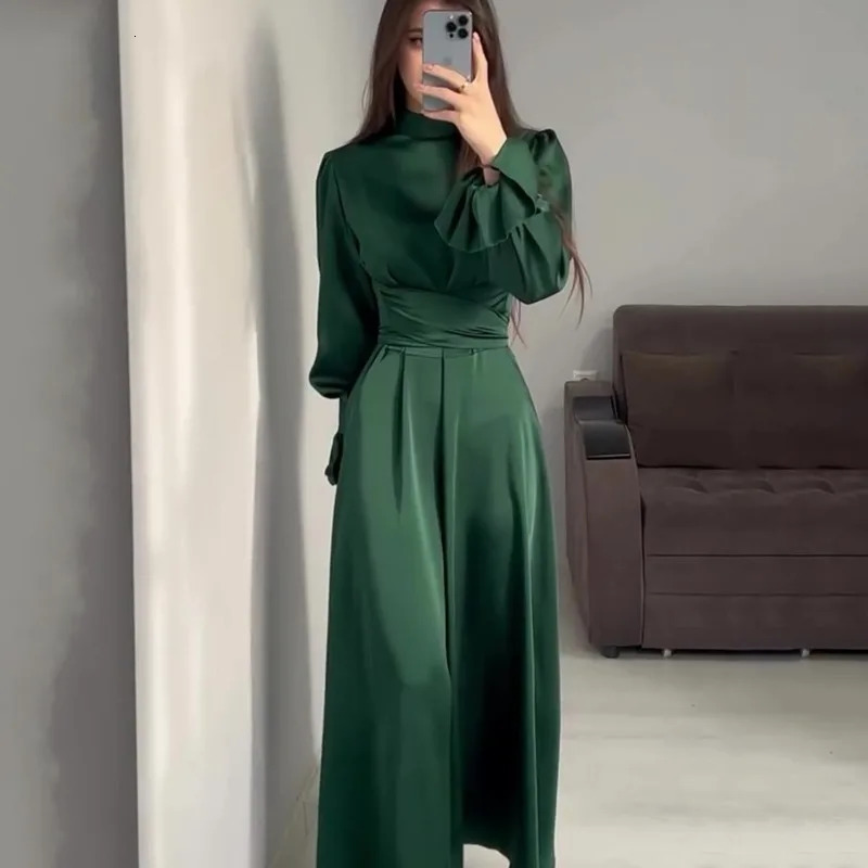 Womens Long Sleeve High Waist Puff Sleeve Dress Spring Autumn Elegant Dress Womens Solid Color Slim Turtleneck Dress 240807