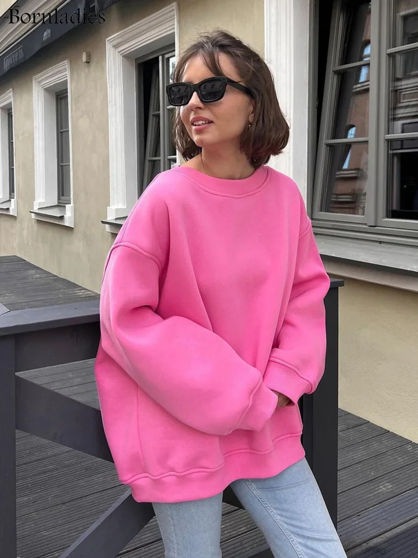 Bornladies Oversized Hoodies Sweatshirts for Women Autumn Winter Thick Warm Fleece Sweatshirt Streetwear Loose Pullovers 240807