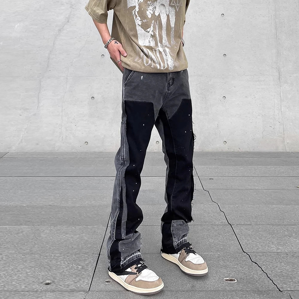Pantalon en Denim évasé noir Graffiti pour hommes, patchs Hip Hop Vintage, éclaboussures d'encre, jambe large, Jean Y2k Baggy délavé pour homme 2