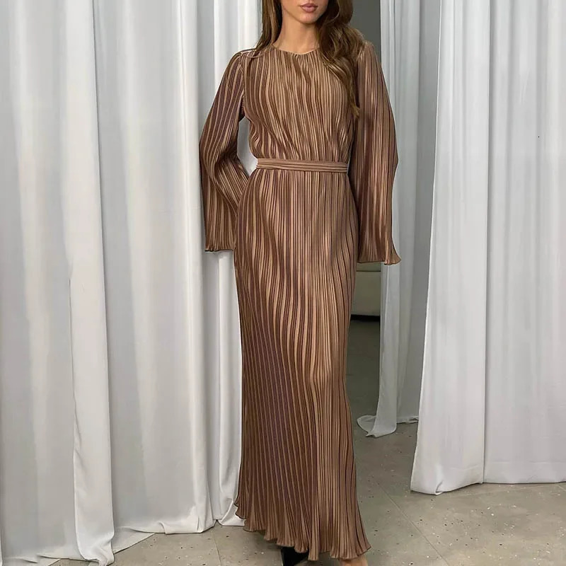 Spring Solid Rib Pleated Boho Long Dress Women Sexy O-neck Tie-up Party Maxi Dress Autumn Flare Long Sleeve Femme Pullover Dress 240807