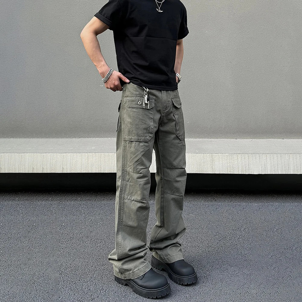 Street casual pants mens summer 2024 Y2k fashion original Harajuku retro gray pocket punk loose straight leg freight train240807