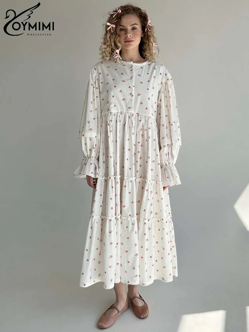 Oymimi Elegant White Print Dresses For Women Fashion Long Sleeve O-Neck Single Breasted Dresses Casual Pleated Mid-Calf Dress 240807