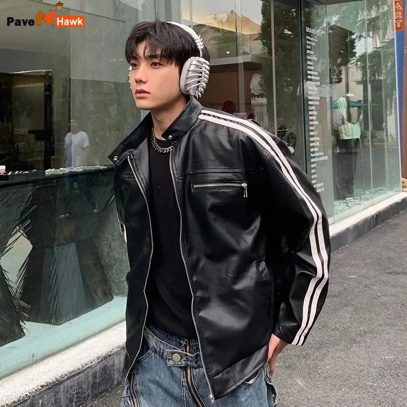 Retro leather jacket mens American patchwork work strip racing jacket loose hip-hop zipper brown PU jacket streetwear spring240806