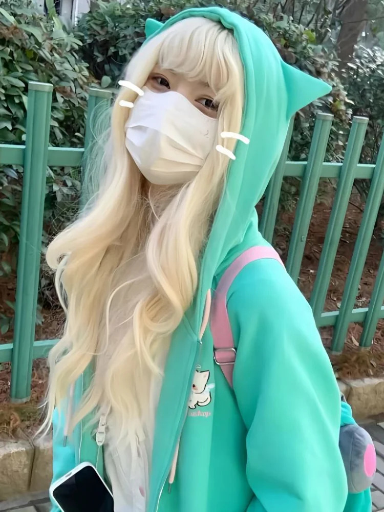HOUZHOU Harajuku Kawaii Y2k Style Hoodies Women Japanese Style Sweet Cat Ear Zip Up Oversized Sweatshirts Hooded Jacket 240807