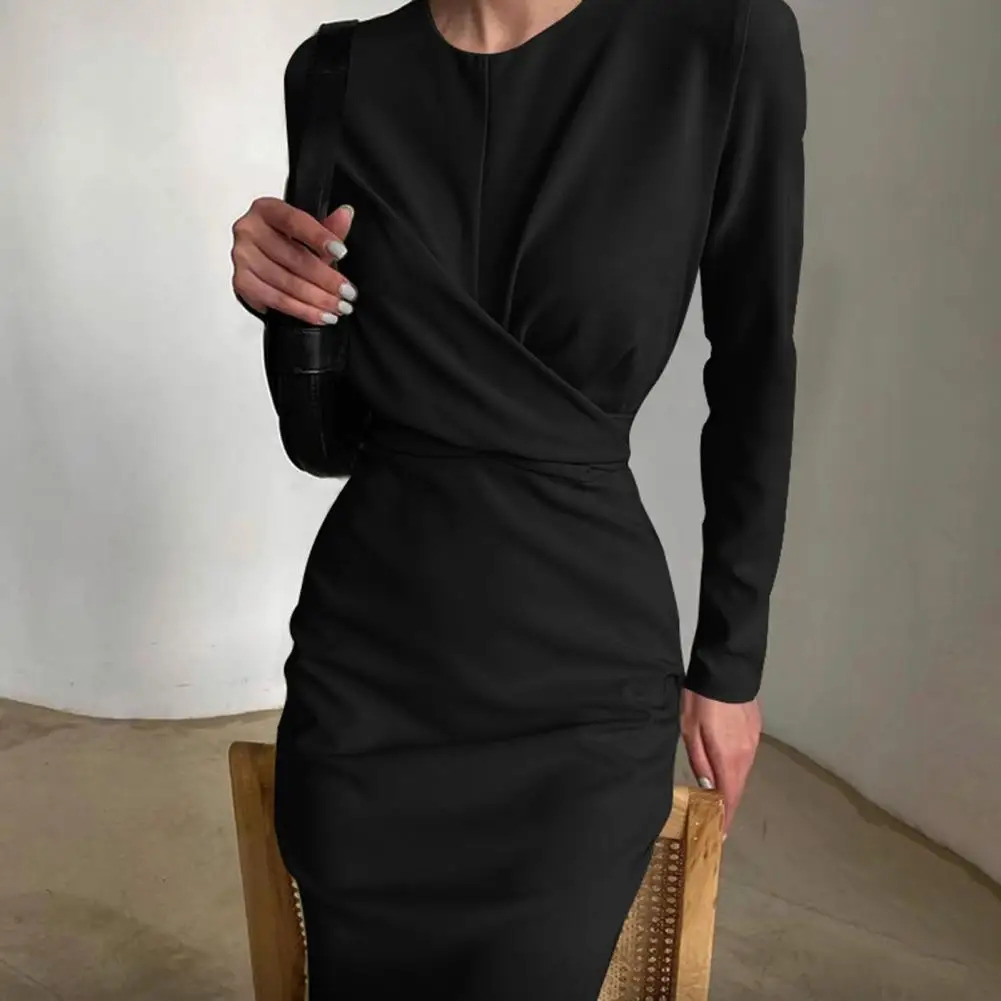 Women Dress Solid Color Draped Tight Waist Lady Sheath Dress O Neck Casual Straight Slim Female Pencil Dress For Work Party 240807