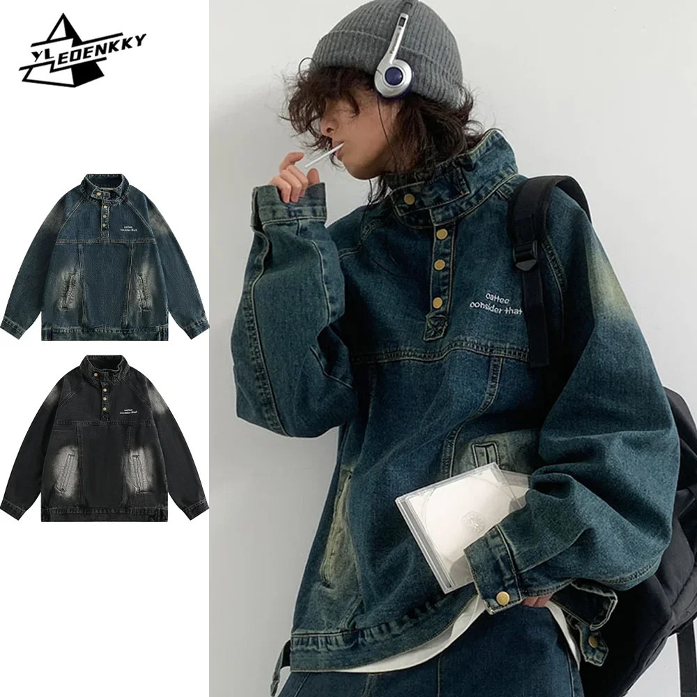 Retro Street Denim Sportswear Mens and Womens Distressed High Neck Loose Jacket HipHop Casual Floral Coat Product Unisex 240806