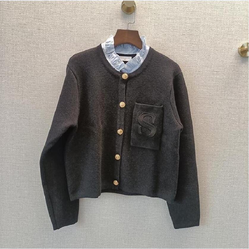Fadan S 24 Autumn/Winter New S Sandro Black Short Coat With Wooden Ear Edge Knitted Cardigan Coat For Women Embroidered Pocket Knit Cropped Cardigan