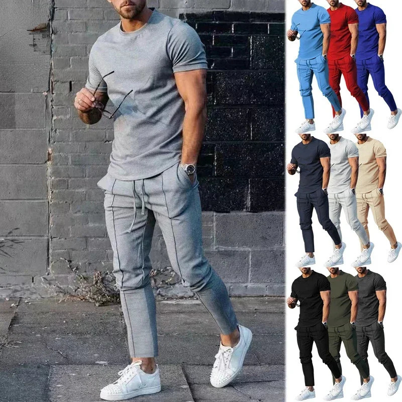 Sports Set Mens Fall Summer Solid Casual Round Cou Sports Sports Sports T-shirt Twirt Two Piece pour hommes 240806