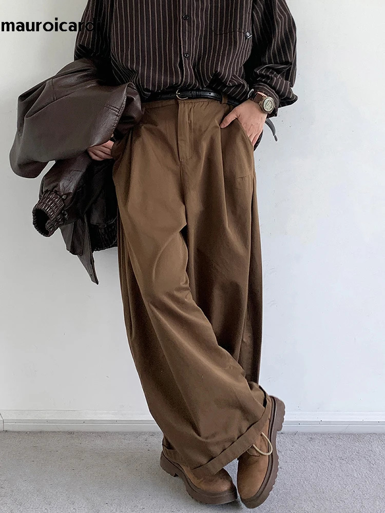 Mauroicardi Spring Autumn Long Coffee Flowy Baggy Wide Leg Pants for Mens Korean Fashion Clothing Loose Casual Soft Trousers 240807