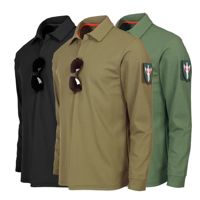 Mens 100 polyester long sleeved polo shirt summer quick drying solid army green square neck Tshirt sports outer tactical top 240807