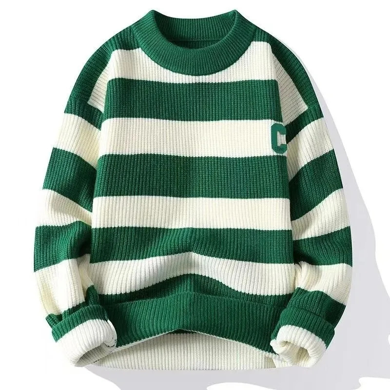 AutumnWinter Mens Floral Round Neck Loose Stripe Contrast Letter Warm Thick Casual Fashion Elegant Communicating Knitwear 240807