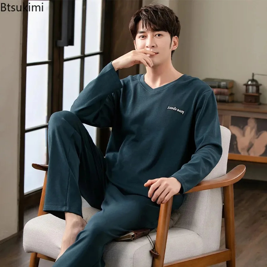 Spring mens long sleeved top and pants sleepwear twopiece comfortable cotton loose casual home clothing set L4XL 240806