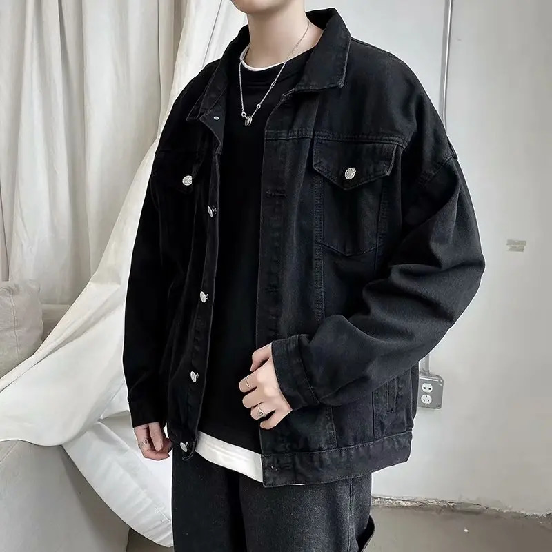 Black denim short sleeved mens lapel bomber jacket jeans casual pocket streetwear clothing 240806