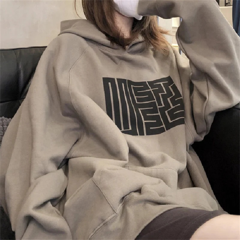 Letter Print Hoodies Women Vintage Winter Autumn Loose Hooded Shirt Grunge Street Sweatshirt Y2k Clothes Warm Oversize Pullovers 240807