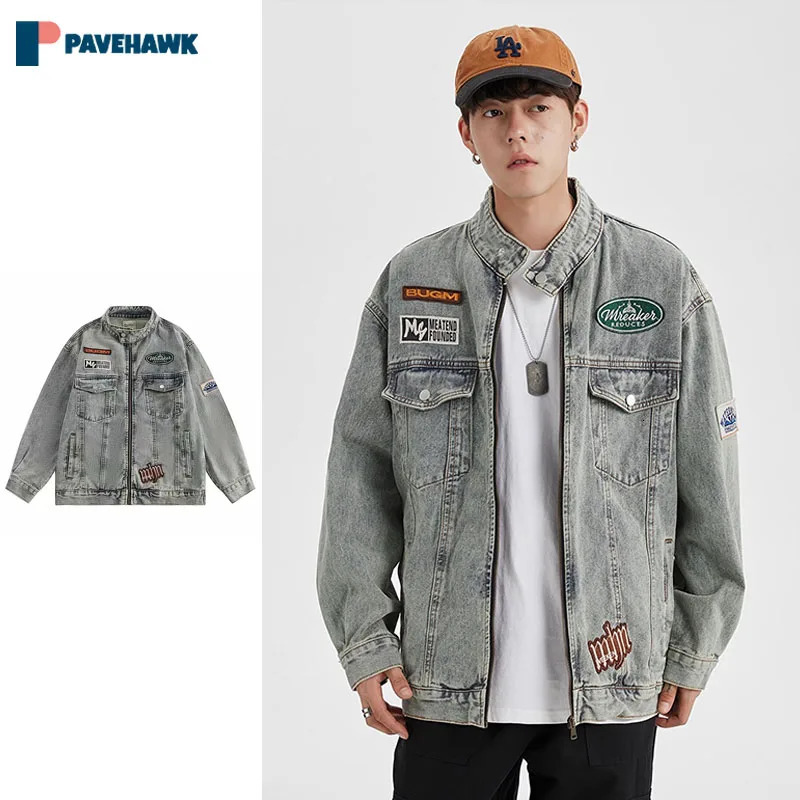 Retro washed denim jacket mens hiphop letter embroidery loose womens ultrafine spring and autumn Japanese clothing 2023 240806