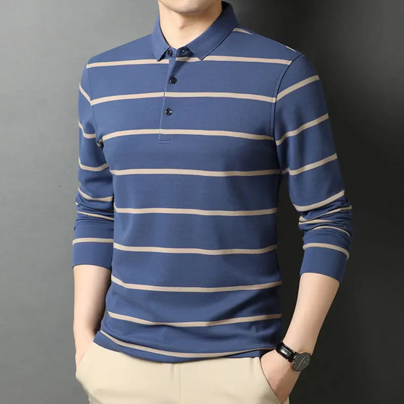Fashion Men Cotton Long Sleev Polo Shirts Spring Autumn Male Clothes T-Shirt Lapel Basic Loose Thin Casual Striped Tops 240807