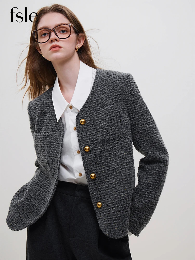 FSLE Office Lady French Style Fragrance Jacket Womens Autumn Winter Wool Tweed Jacket For Women Grey Casual Coats 240806