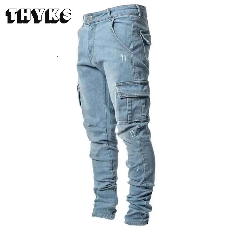 Mens side pocket jeans Y2k mens jeans mens hip-hop punk style street clothing leggings ultra-thin elastic pencil pants240806