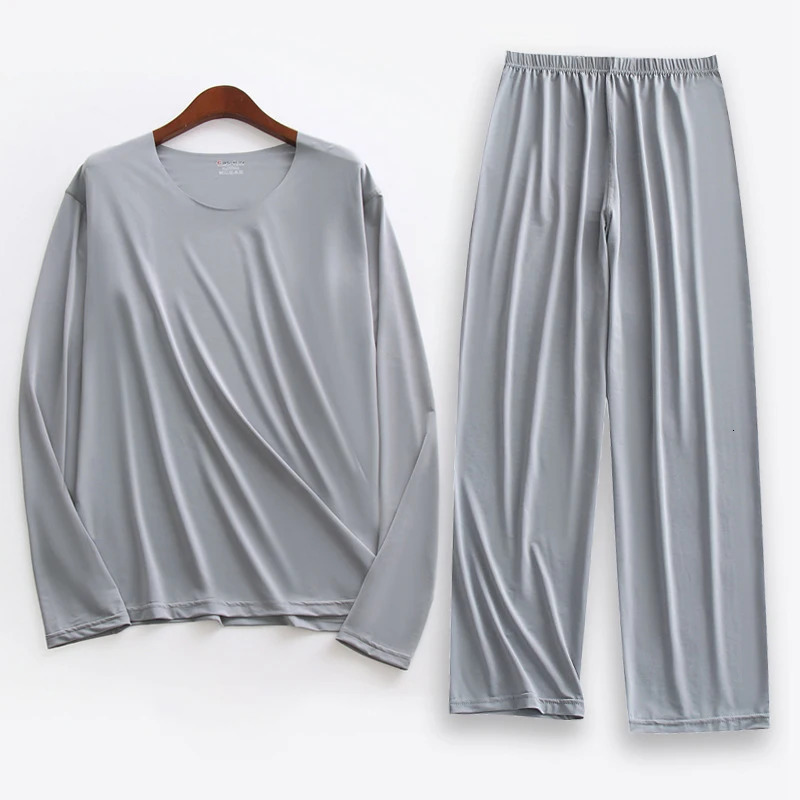 Large mens ice silk sleepwear solid shirt and pants 2PCS set thin home clothing summer 240806