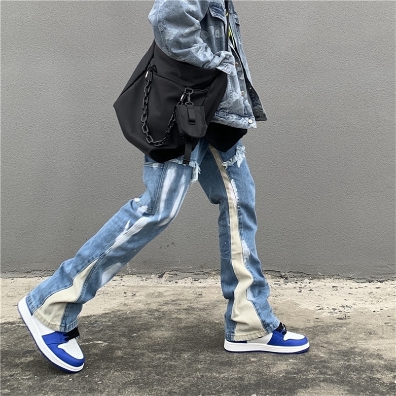 Fashionable mens flannel jeans brushed elastic waist pocket pants straight loop ink splicing denim Trouser Pantlons Hombre240806