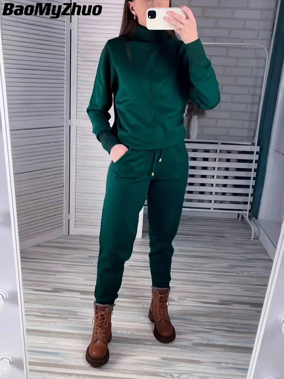 Autumn Winter Turtleneck Sweater Two Piece Set Women Knitted Pants Suits Female Fashion Casual Pullover Tracksuits 240807