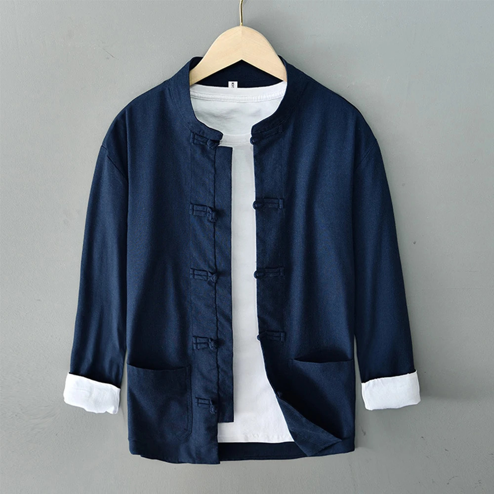 Retro cotton linen shirt mens 2023 springsummer item vertical collar button long sleeved Tang style retro casual cardigan top 240807