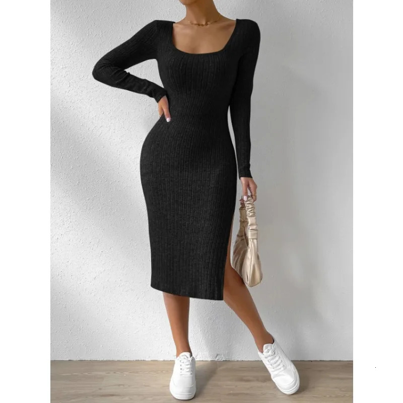 Vêtements décontractés femelles Femmes Elegant Square Nou Bottom Robe Split Robe Automne / Hiver Fashion Long Manches Longues Robes pour femmes 2