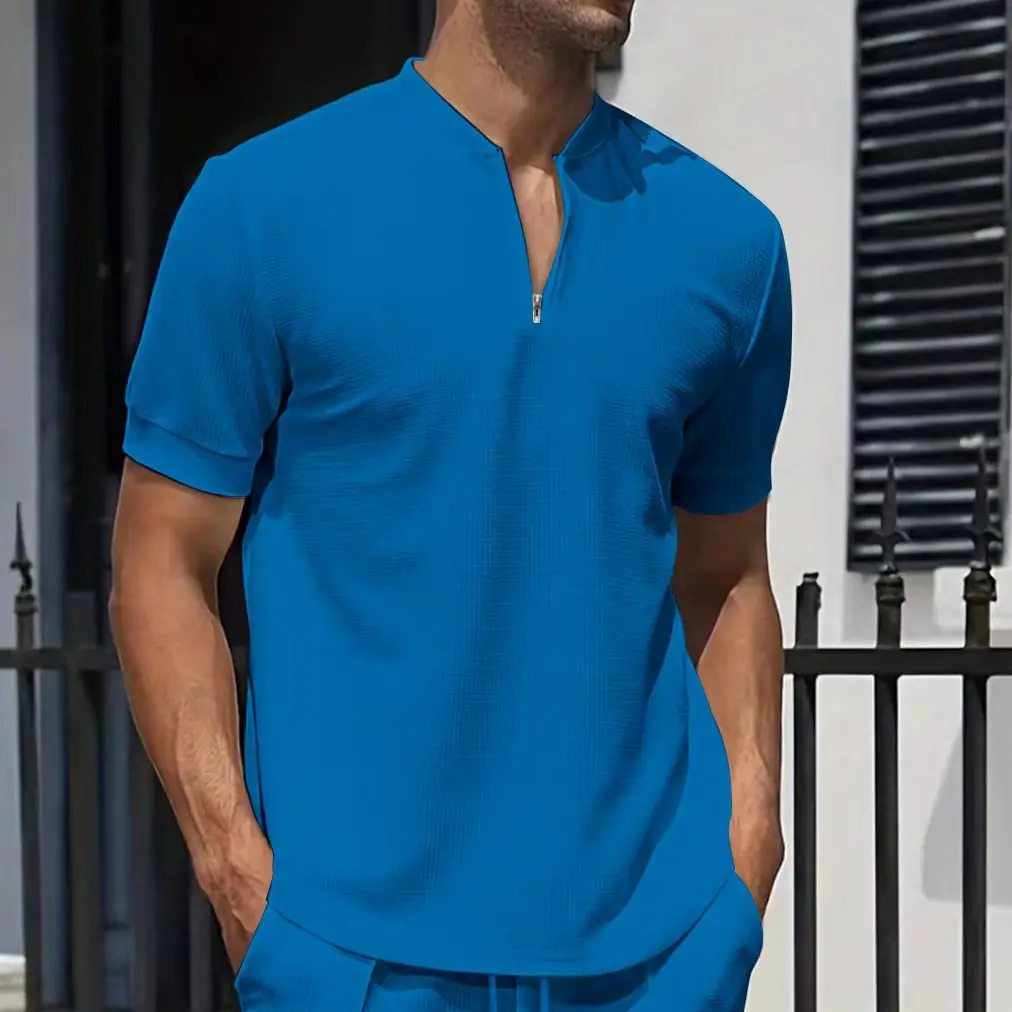 Latest summer mens casual Tshirt waffle zipper stand up collar daily short sleeved polo top 240807
