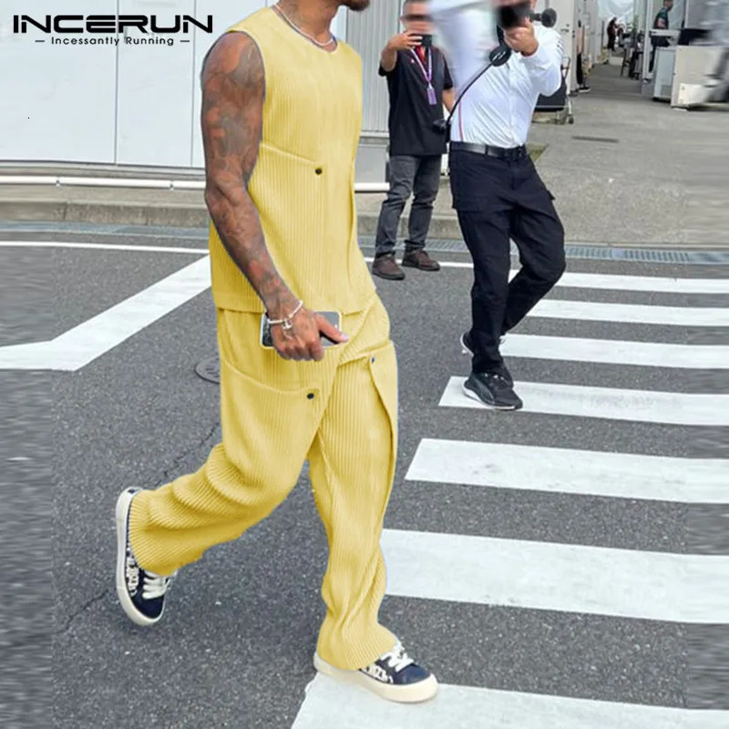 INCERUN mens solid color streetwear O-neck sleeveless vest and pants 2PCS summer loose mens casual set S-2XL240806