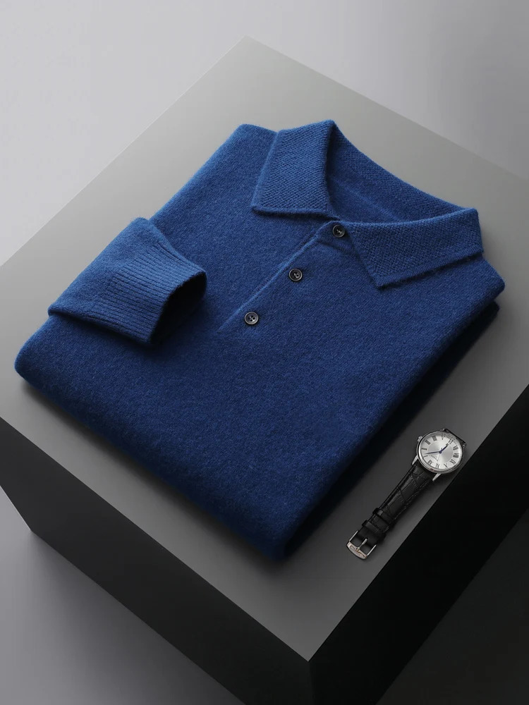 Mens Collar Knitted 100 Pure Wool Sweater Large Size Spring and Autumn Winter Warm Top Youth Casual Polo Neck Tshirt 240807