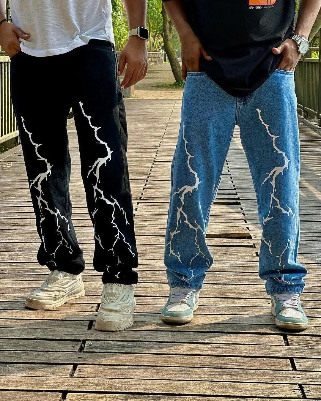 Harajuku Fashion Lighting Graphic Wide Leg Jeans Street TWear Y2K Denim Mens Jeans Cuffs High Waist Pants Mens Clothing240806