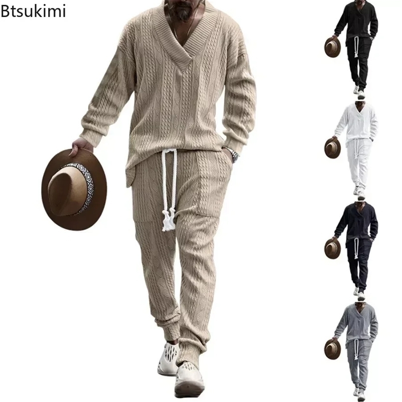 Mens Knitted Suit Sets Long Sleeve V-neck Shirts and Drawstring Pants Sets Pockets Tracksuit Mens Solid Knitted 2PCS Sets 240806
